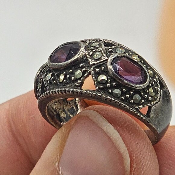 Vintage Sterling Purple Stone Marcasite Ring Intricate Filigree Design Sz 7 - Picture 6 of 9